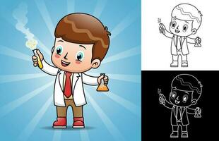 Vector illustration of little scientist cartoon using chemistry test tubes doing science experiments