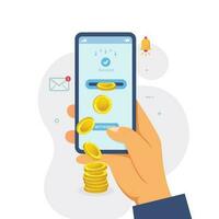 Withdraw money with smartphone. Digital payment or online cashback service vector