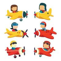 Cute pilot flies on a yellow plane in the sky flat vector illustration