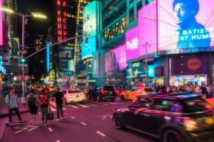 New York City, USA - August 9, 2019-People and tourists stroll among the lights and skyscrapers of Time Square in Manhattan during a summer night photo