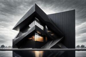 a futuristic building with black facade and sharp edges by photo