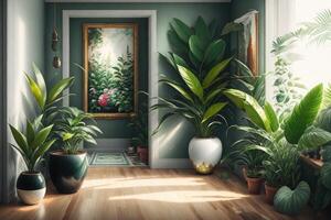 a large painting hanging on a wall in a room with a plant in it and a vase with a plant in it on the floor next to the wall is a large painting with a marble by photo