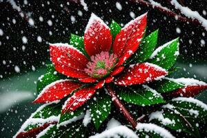 a red flower with green leaves and snow dark background by photo