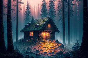 a cabin in the woods with a light on at the end of the night in the foggy forest by photo