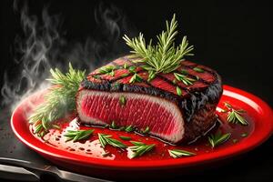 a steak steak on a grill with a rosemary sprig on top of it and a black background by photo
