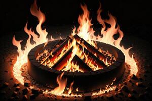 a fire pit with flames burning in it a black background by photo