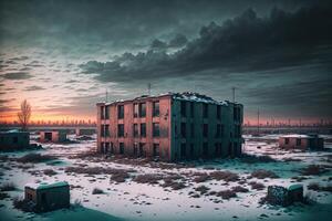 distante antecedentes abandonado Soviético edificio por ai generado foto