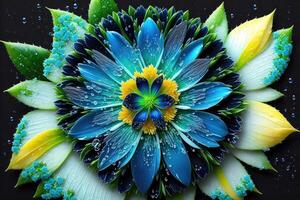 un azul flor con verde vástago y amarillo, negro antecedentes por ai generado foto