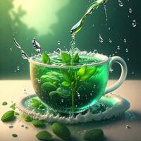 taza de té salpicaduras salpicaduras menta hojas por ai generado foto