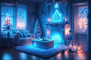 Minimalistic blue neon illuminated domestic christmas interior by photo