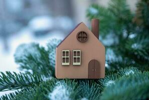 A model of an eco-friendly wooden house on a winter background. photo