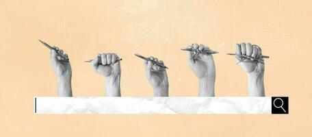 Art collage of hands with ballpoint pens on a surreal background, internet search icons. photo