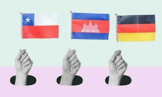 Art collage, Hand with the flag of Chile, Germany, and Cambodia on a light background. photo