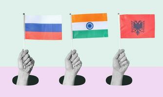 Art collage, Hand with the Russia, Albania, and India flags on a light background. photo