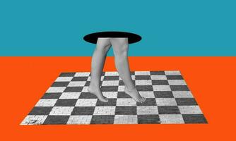 Art collage, Women's feet on a chessboard. photo