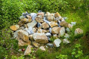 un montaña de rocas en el césped y en el arbustos foto