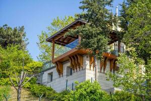 A balcony with greenery on top of a hill in Istanbul. photo