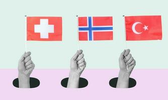 Arte collage, mano con el noruego, turco, y suizo banderas en un ligero antecedentes. foto
