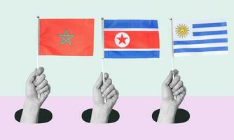 Arte collage, mano con el bandera de Marruecos, norte Corea, y Uruguay en un ligero antecedentes. foto