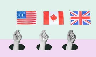 Art collage, Hand with American, Canadian, and British flags on a light background. photo