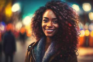 contento sonriente joven africano americano mujer, generativo ai foto