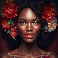 Portrait of sensual black woman with flowers in hair, photo