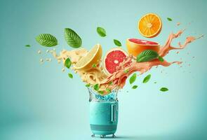 Blender with fruit flying, isolated on black background, fruit juice and splash. Generataive A photo