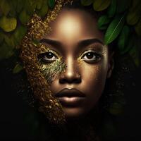 Moda retrato de cara de atractivo joven negro mujer con oro maquillaje y oro polvo, generativo ai foto
