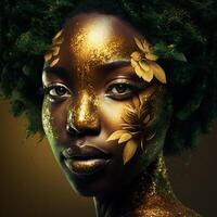 Moda retrato de cara de atractivo joven negro mujer con oro maquillaje y oro polvo, generativo ai foto