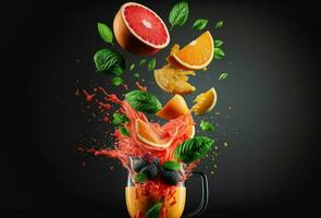 Blender with fruit flying, isolated on black background, fruit juice and splash. Generataive A photo