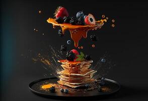 Stack of delicious pancakes with honey and berries, photo