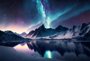 Night landscape az northern lights above snowy mountain peaks, photo