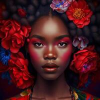 Portrait of sensual black woman with flowers in hair, photo