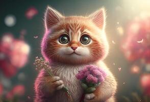 ilustración de un linda rosado gatito participación un ramo de flores de flores , generativo ai foto