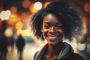 contento sonriente joven africano americano mujer, generativo ai foto