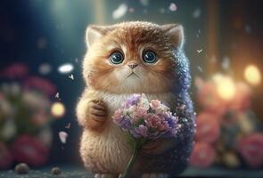 ilustración de un linda rosado gatito participación un ramo de flores de flores , generativo ai foto