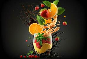 Blender with fruit flying, isolated on black background, fruit juice and splash. Generataive A photo