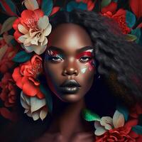 Portrait of sensual black woman with flowers in hair, photo