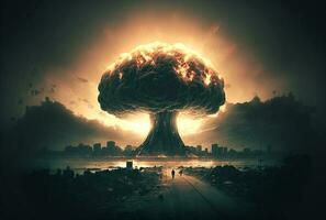 Illustration of huge nuclear bomb explosion over  city. Generative A photo