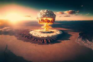 Illustration of huge nuclear bomb explosion over  city. Generative A photo