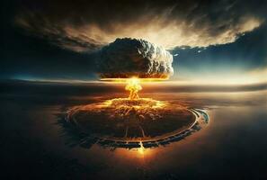ilustración de enorme nuclear bomba explosión terminado ciudad. generativo un foto