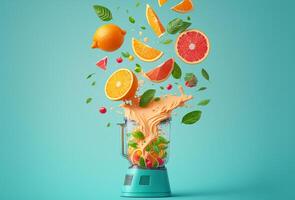 Blender with fruit flying isolated on blue background photo