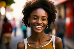 contento sonriente joven africano americano mujer, generativo ai foto