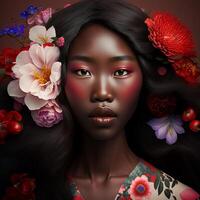 Portrait of sensual black woman with flowers in hair, photo