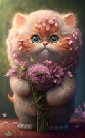 ilustración de un linda rosado gatito participación un ramo de flores de flores , generativo ai foto