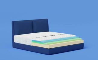 Breathable mattress inside 5 layers with bed isolated on blue. Fitted mattress protector, Cotton fabric, Memory foam, nature para latex rubber. Comfortable bed advertisement. 3d render. clipping path. photo