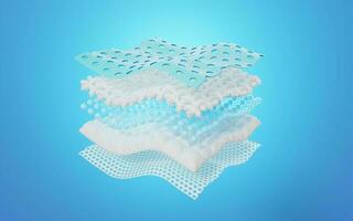 Realistic layered material excellent breathability, moisture absorbing fiber sheets with 5 sections. Odor and water absorbent materials for baby and adult diapers, sanitary pad advertising. 3d render. photo