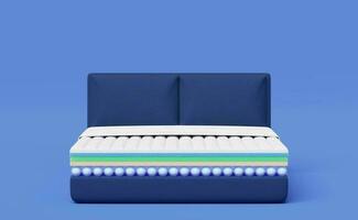 Breathable mattress inside 6 layers with bed isolated on blue. Fitted mattress protector, Cotton fabric, Memory foam, nature para latex rubber. Comfortable bed advertisement. 3d render. clipping path. photo