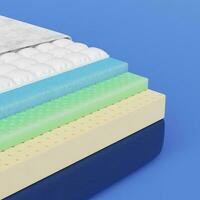 Closeup of Breathable mattress inside 5 layers isolated on blue. Fitted mattress protector, Cotton fabric, Memory foam, nature para latex rubber. Comfortable bed advertisement. 3d render clipping path photo