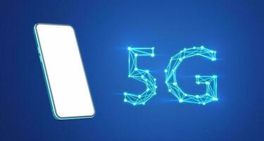 3d teléfono inteligente con bajo polígono 5g en azul antecedentes. móvil teléfono blanco blanco pantalla. rápido 5g nuevo inalámbrico Internet Wifi conexión concepto. inteligente tecnología red. 3d icono representación. recorte camino foto